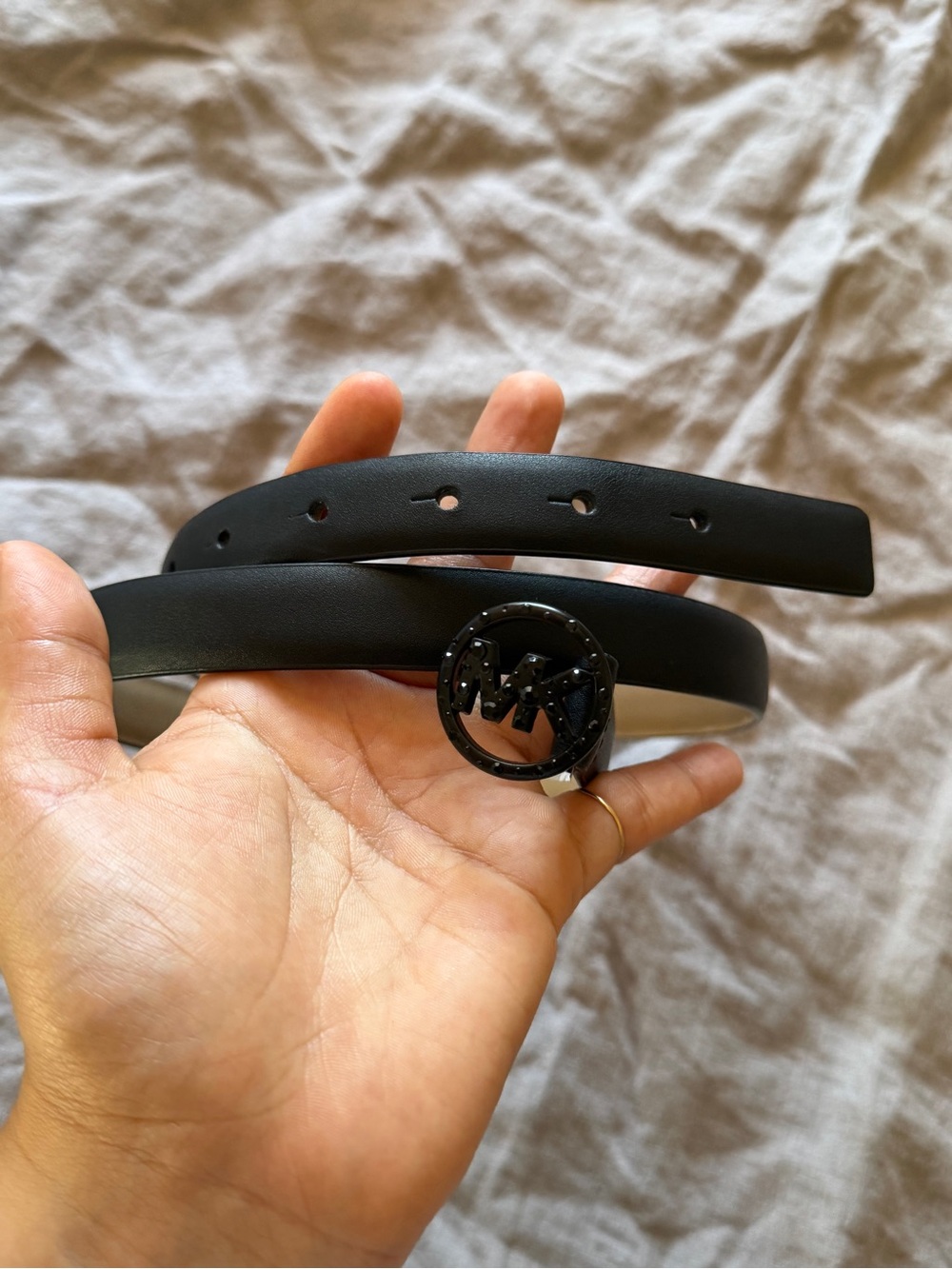 Michael Kors Black Leather Belt with MK Round Buckle